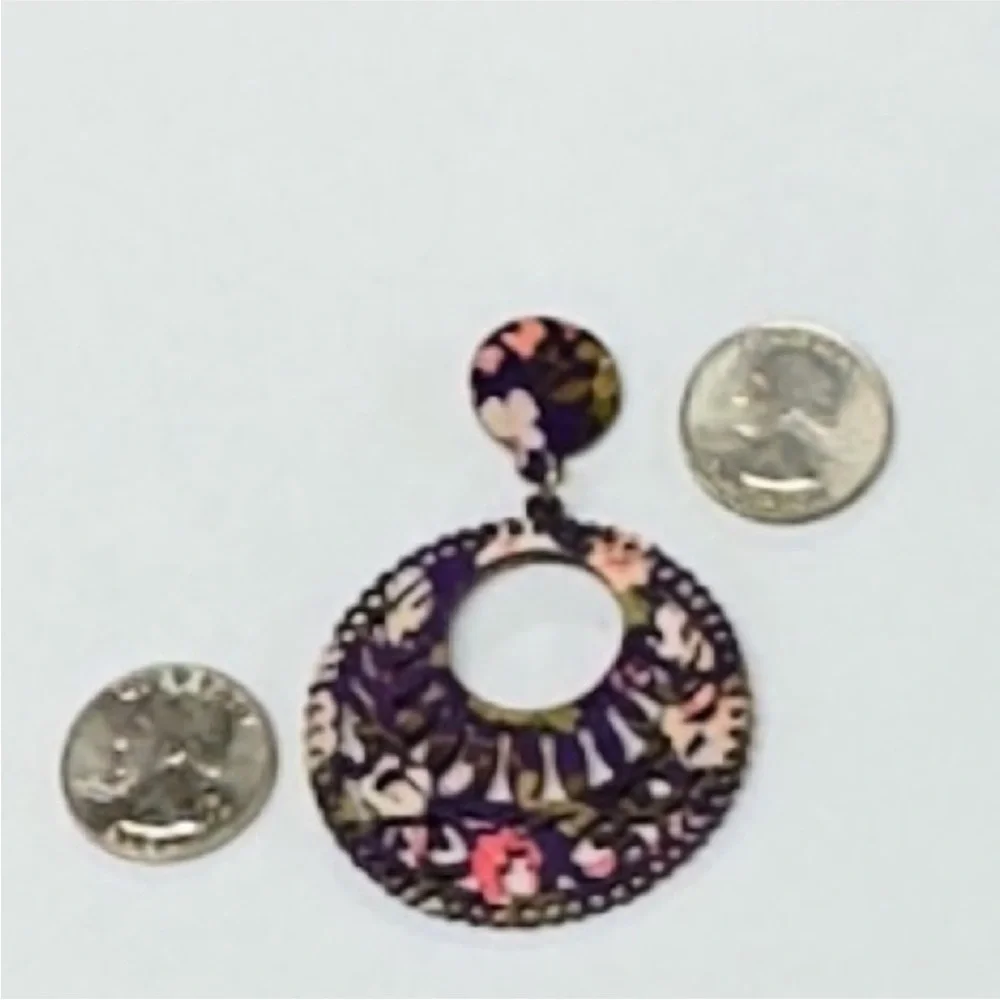 UNBRANDED Bohemian RETRO Purple Floral Print WOODEN Stud Drop Dangle EARRINGS